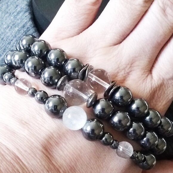 Extra Large Hematite + Quartz Bracelet - fits 8.5" Wrist! Memory Calm + Clarity - Picture 7 of 9